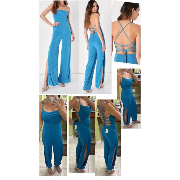 Lulus Med Owning the Vibe lace-up split-leg blue NWT dressy jumpsuit ($65) long - Picture 7 of 7